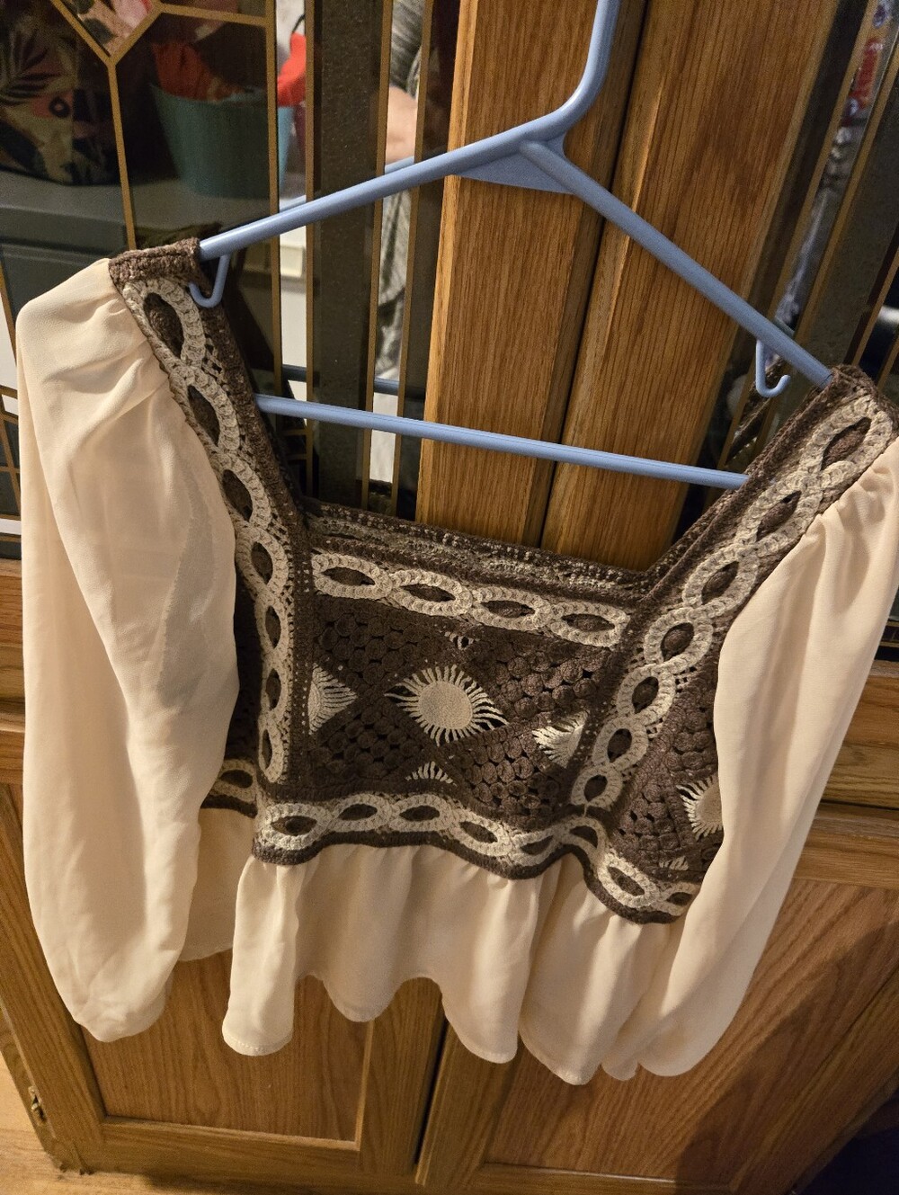 Cream Peasant Top with Brown Crochet Yoke